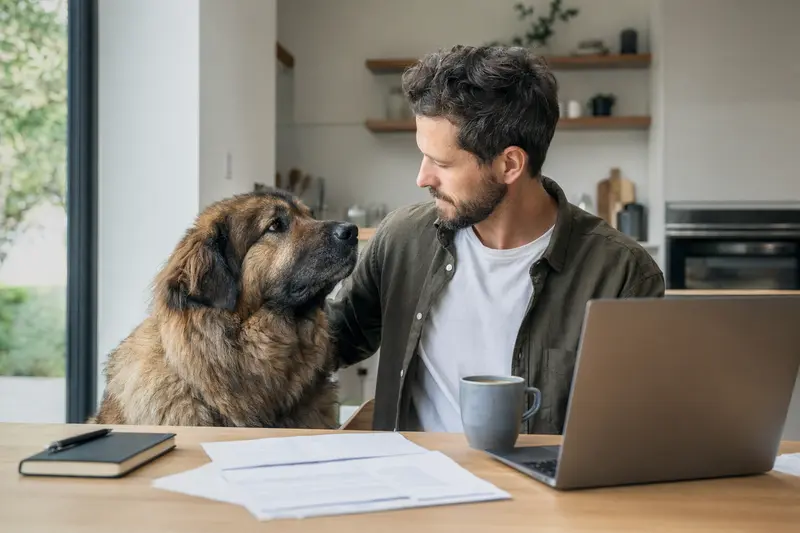 Ein Kaukasischer Owtscharka Hund sitzt entspannt neben seinem Besitzer am Küchentisch mit Versicherungsunterlagen und einem Laptop.