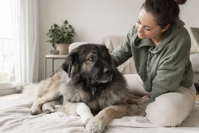 Ein Kaukasischer Owtscharka Hund mit leichtem Verband an der Pfote liegt entspannt neben seinem erleichterten Besitzer auf einer Decke in einer hellen Wohnung.