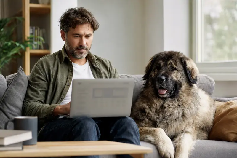Ein Hundebesitzer arbeitet am Laptop auf dem Sofa neben seinem Kaukasischen Owtscharka, während er einen tiermedizinischen Versicherungsvergleich diskutiert.