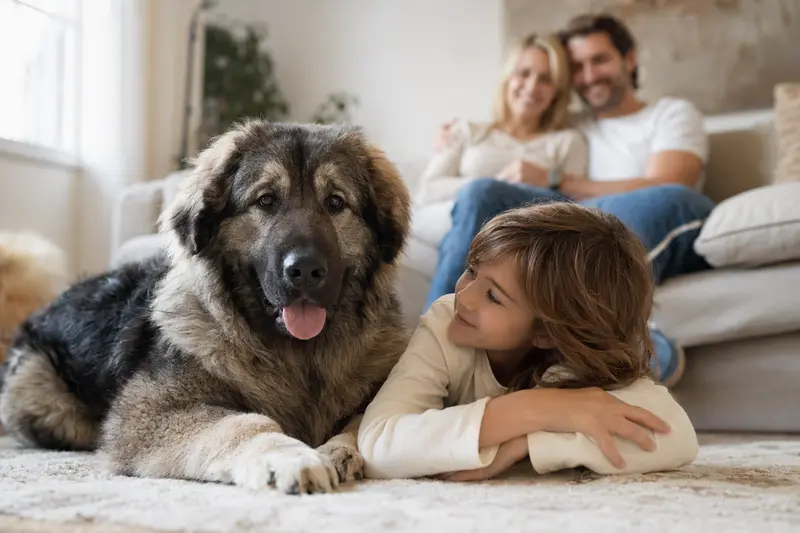 Ein freundlicher Kaukasischer Schäferhund liegt entspannt neben einem Kind im Wohnzimmer und vermittelt eine sichere, vertrauensvolle Familienatmosphäre.