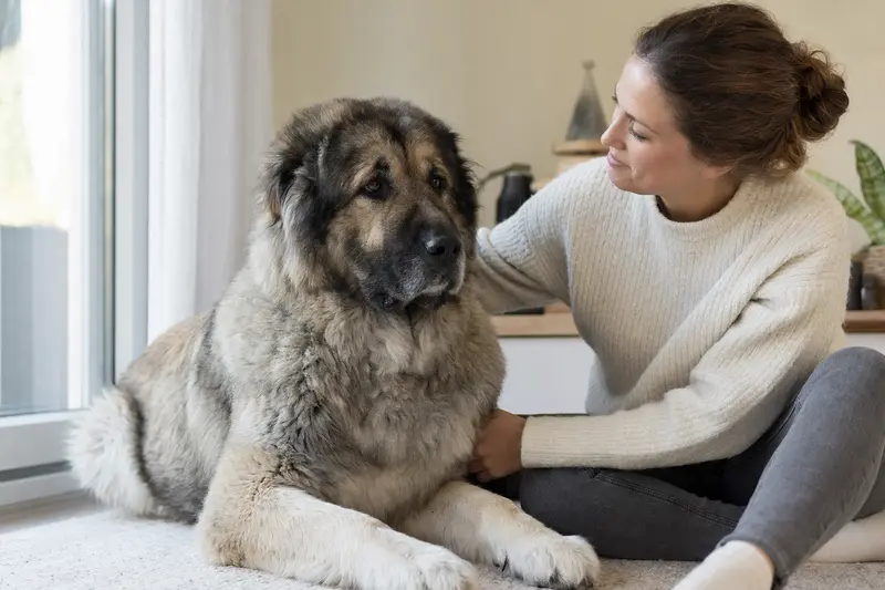 Kaukasischer Schäferhund in aufmerksamer Haltung vor hellem Hintergrund als professionelles Hundeportrait.