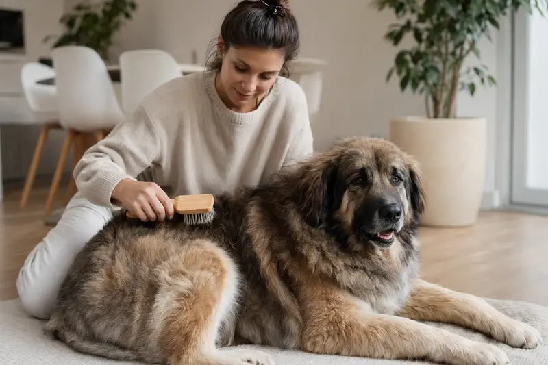 Ein Kaukasischer Schäferhund wird zuhause von seinem Besitzer sanft gebürstet, was die liebevolle Fellpflege und verantwortungsvolle Hundehaltung zeigt.