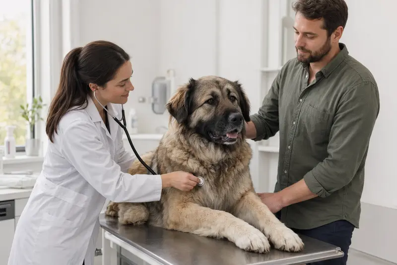 Ein Kaukasischer Schäferhund wird von einer Tierärztin mit einem Stethoskop in einer modernen Praxis untersucht, während der Besitzer beruhigend neben ihm steht.