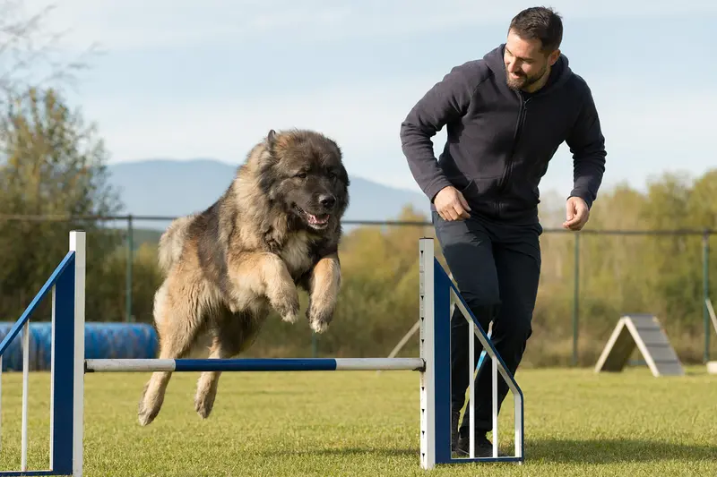 Ein Kaukasischer Schäferhund springt mit seinem Besitzer über eine kleine Trainingshürde auf dem Hundeplatz.