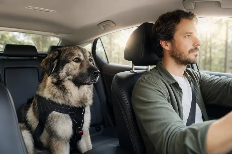 Ein Kaukasischer Schäferhund sitzt sicher angeschnallt auf der Rückbank eines Autos, während der Besitzer entspannt fährt.