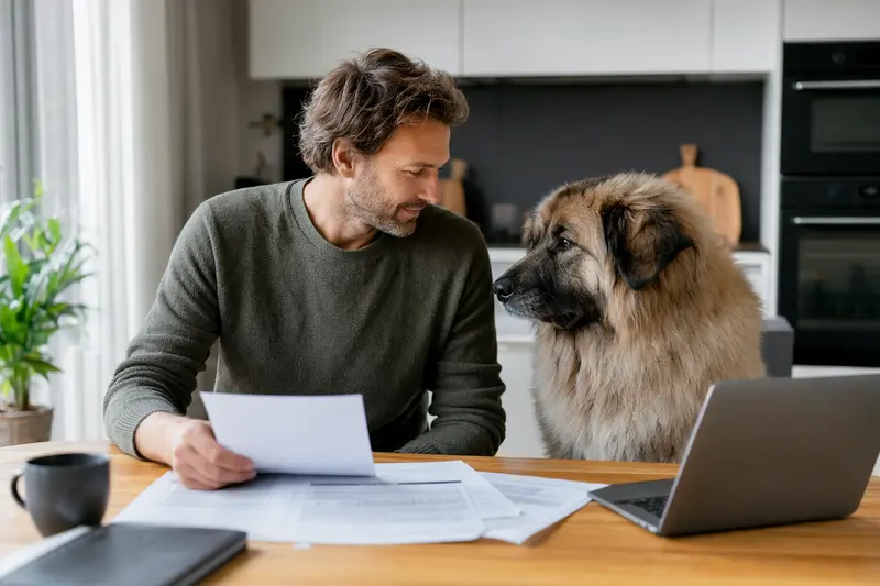 Ein Kaukasischer Schäferhund sitzt ruhig am Küchentisch neben seinem Besitzer, auf dem Tisch liegen Versicherungsunterlagen.