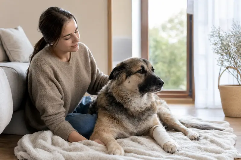 Ein Kaukasischer Schäferhund mit Verband liegt entspannt neben seinem erleichterten Besitzer in einer hellen Wohnung.