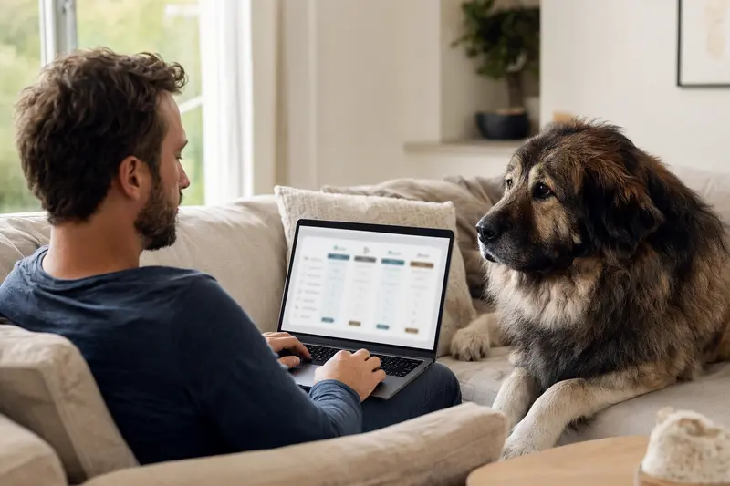 Ein Hundebesitzer arbeitet am Laptop im Wohnzimmer, während ein Kaukasischer Schäferhund entspannt neben ihm sitzt.