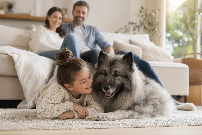 Ein freundlicher Keeshond liegt entspannt neben einem Kind im Wohnzimmer, während die Eltern im Hintergrund eine sichere Familienatmosphäre schaffen.