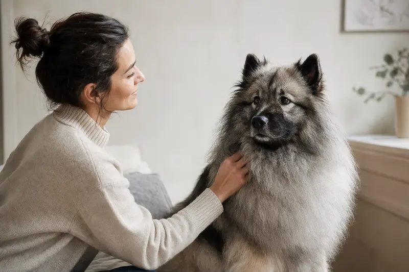 Ein aufmerksamer Keeshond steht vor hellem Hintergrund und zeigt sein typisches dichtes Fell in einem professionellen Hundefoto.