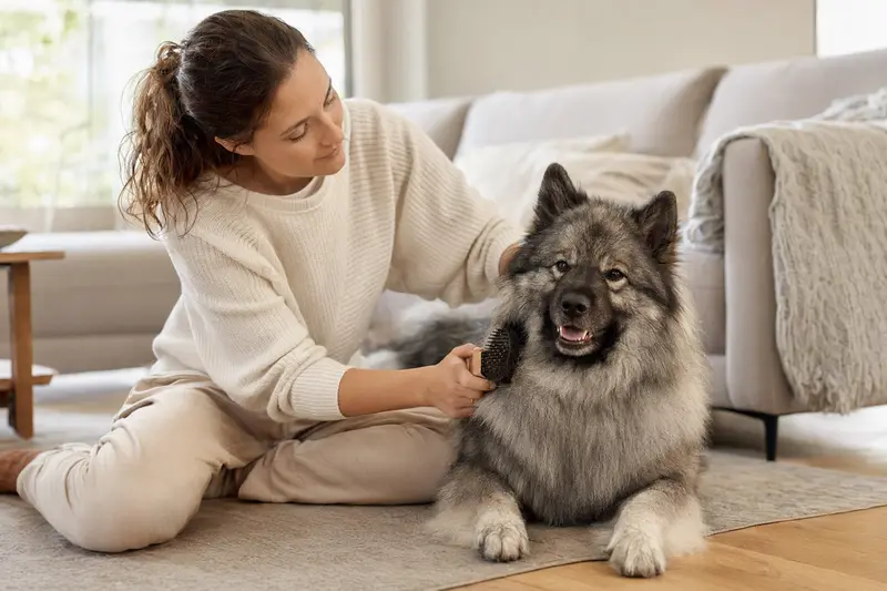 Ein Keeshond Hund wird in einer hellen Wohnung sanft vom Besitzer gebürstet, als Teil der regelmäßigen Fellpflege für Gesundheit und Wohlbefinden.