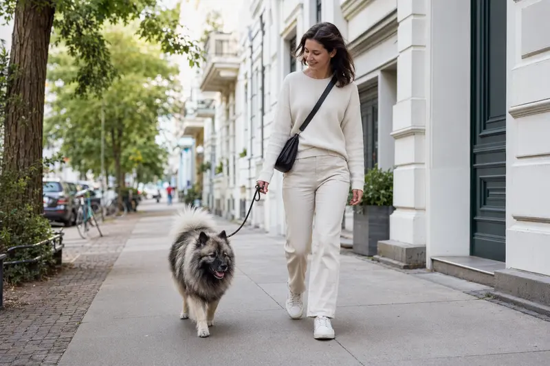 Ein Keeshond Hund läuft angeleint mit seinem Besitzer durch eine moderne Stadtstraße in entspannter Alltagssituation.