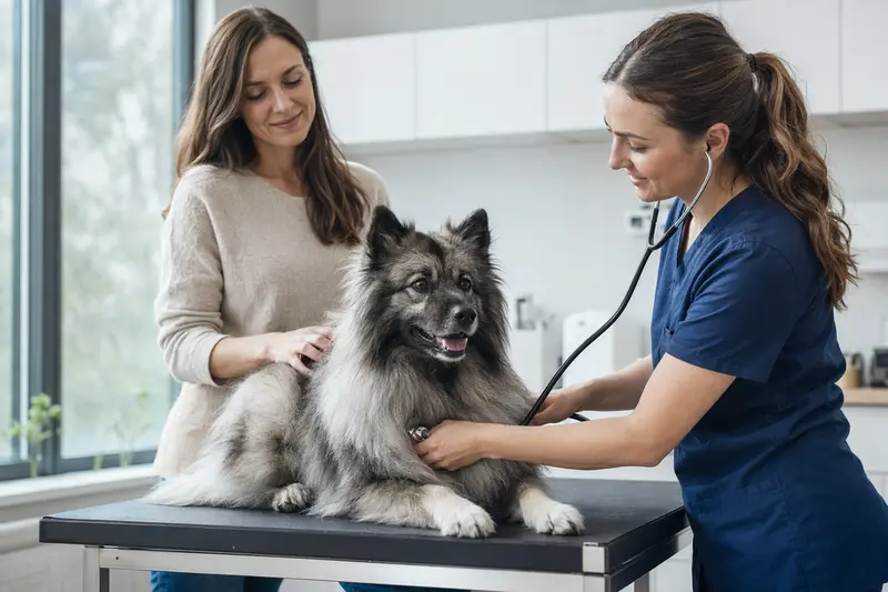 Ein Keeshond Hund wird behutsam von einer Tierärztin mit Stethoskop in einer modernen Tierarztpraxis untersucht.