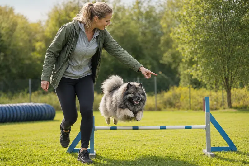 Ein Keeshond springt mit seinem Besitzer fröhlich über eine kleine Trainingshürde auf dem Hundeplatz.
