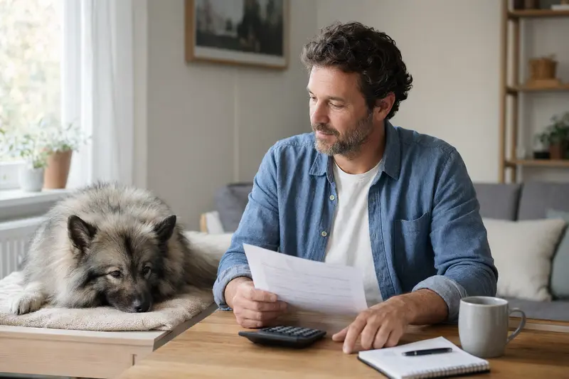 Besitzer sitzt ruhig am Tisch mit einer Tierarztrechnung, während ein Keeshond entspannt auf einer Decke liegt – ein Bild zur Hundekrankenversicherung und den Kosten beim Tierarzt.