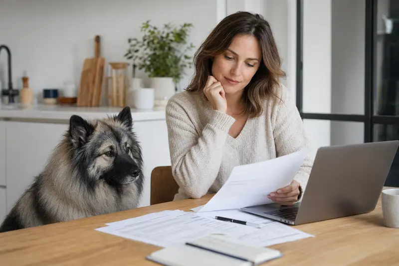 Ein Keeshond Hund sitzt neben seinem Besitzer am Küchentisch mit Versicherungsunterlagen und Laptop.