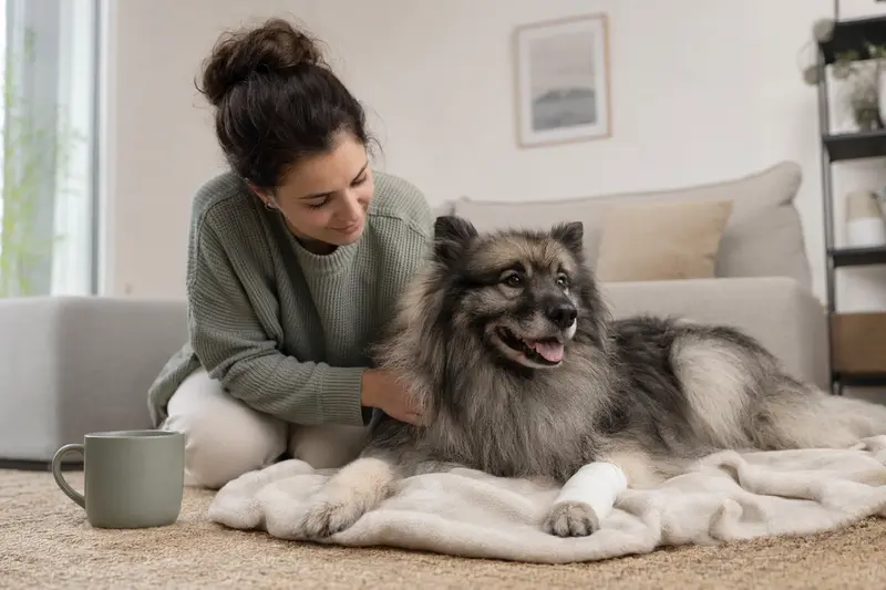 Ein Keeshond mit leichtem Verband an der Pfote liegt entspannt neben seinem erleichterten Besitzer in einer hellen Wohnung.
