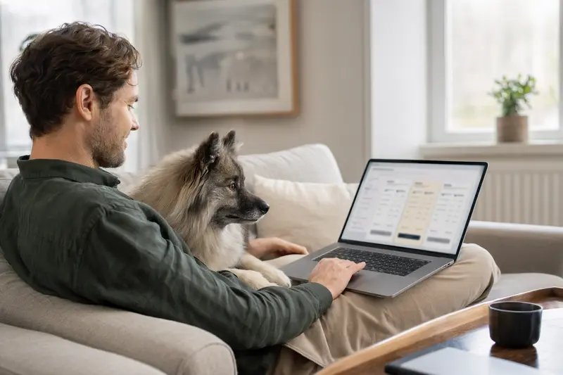 Ein Hundebesitzer sitzt mit seinem Keeshond-Hund auf dem Sofa und vergleicht Versicherungen auf dem Laptop.