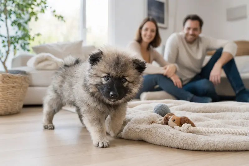 Ein neugieriger Keeshond Welpe erkundet sein neues Zuhause mit liebevoller Familie im Hintergrund.