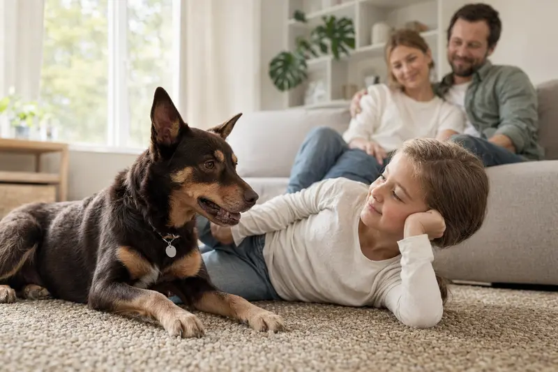 Ein Kelpie Hund liegt entspannt neben einem Kind im Wohnzimmer in einer sicheren Familienatmosphäre.