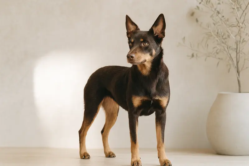 Aufmerksam stehender Kelpie Hund in natürlicher Haltung vor hellem Hintergrund, als realistisches Tierportrait für einen Ratgeber zu Hundegesundheit.