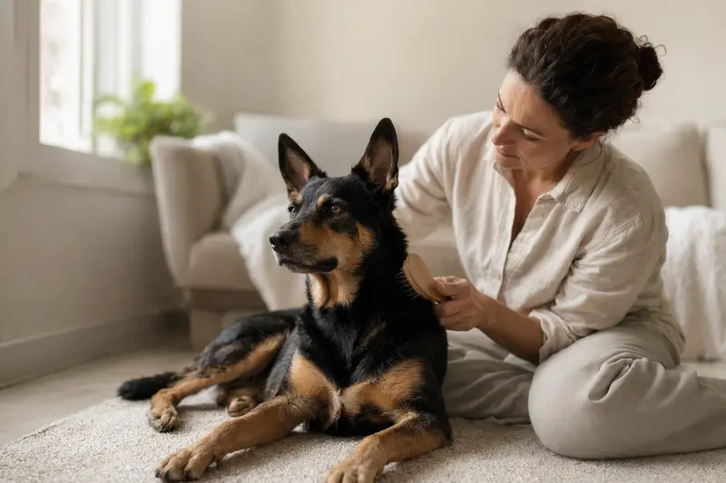 Ein Kelpie Hund wird zuhause sanft gebürstet, während der Besitzer liebevoll die Fellpflege übernimmt.