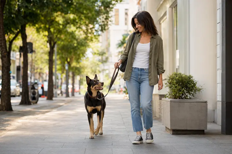 Ein Kelpie Hund läuft an der Leine mit seinem Besitzer durch eine moderne Stadtstraße im Alltag.