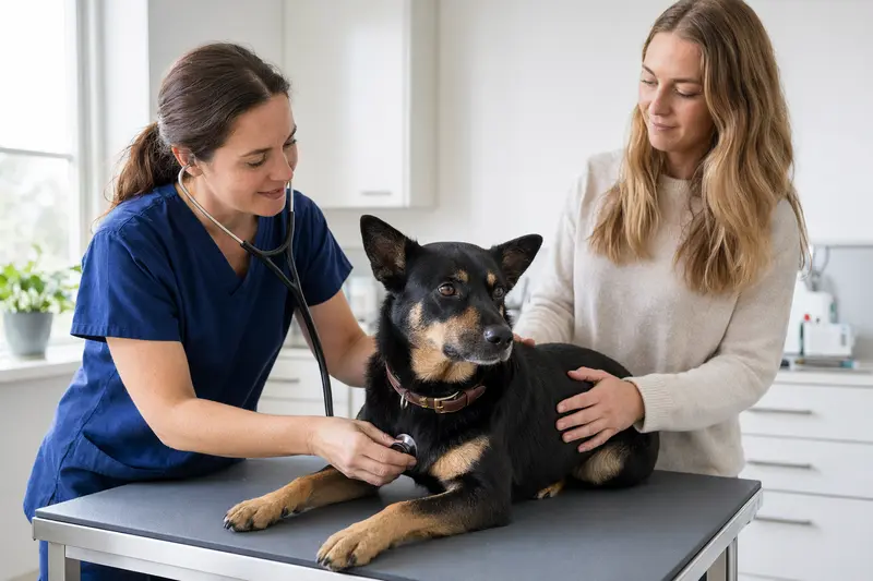Eine Tierärztin untersucht einen ruhigen Kelpie auf dem Untersuchungstisch mit dem Stethoskop, während der Besitzer in einer modernen Tierarztpraxis beruhigend danebensteht.