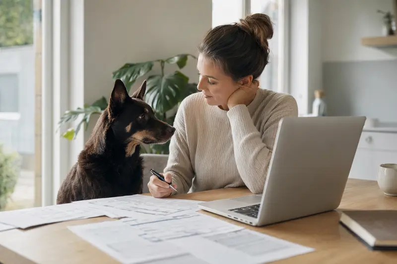 Ein Kelpie sitzt ruhig neben seinem Besitzer am Küchentisch mit Versicherungsunterlagen und Laptop zur Tierkrankenversicherung.