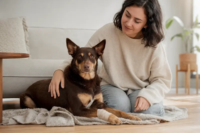 Ein Kelpie-Hund mit leicht verbundenen Pfote liegt ruhig auf einer Decke neben seinem erleichterten Besitzer in einer hellen Wohnung.