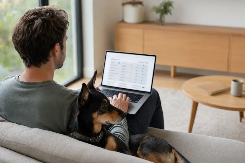 Ein Hundebesitzer sitzt mit einem Laptop auf dem Sofa, während ein Kelpie Hund neben ihm sitzt.