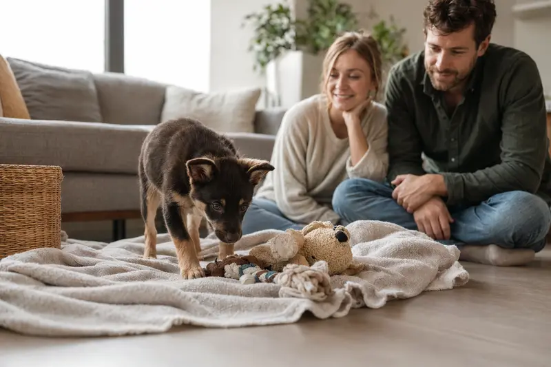 Ein junger Kelpie Welpe erkundet neugierig sein neues Zuhause mit Decke und Spielzeug in einer hellen Wohnung.