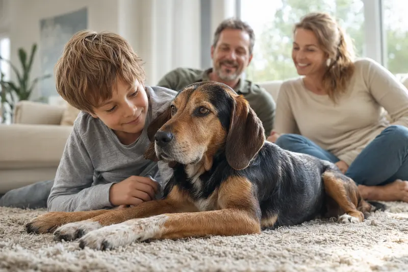 Keltische Bracke liegt entspannt neben einem Kind im Wohnzimmer, während die Eltern im Hintergrund eine helle Familienatmosphäre schaffen.