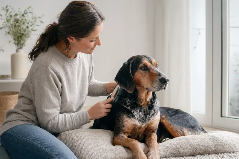 Eine Keltische Bracke wird in einer hellen Wohnung sanft gebürstet, während der Besitzer aufmerksam die Fellpflege übernimmt.