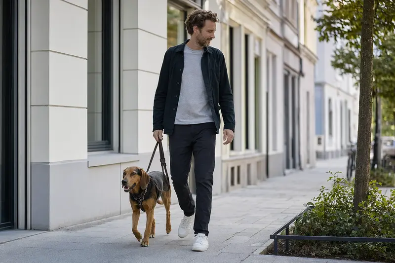 Eine Keltische Bracke läuft an der Leine mit ihrem Besitzer durch eine moderne Stadtstraße.