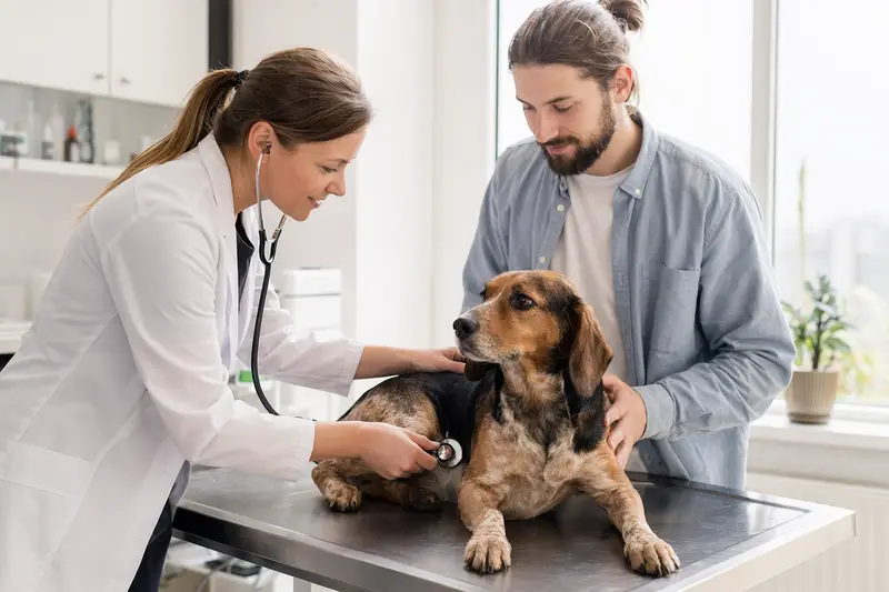 Ein Keltische Bracke Hund wird sanft von einer Tierärztin mit Stethoskop in einer modernen Tierarztpraxis untersucht, während der Besitzer beruhigend daneben steht.