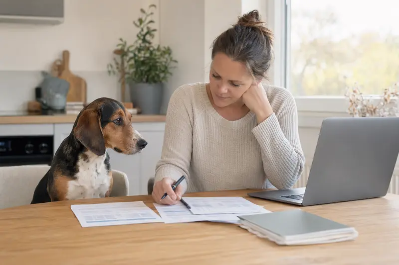 Ein Keltische Bracke Hund sitzt entspannt neben seinem Besitzer am Küchentisch mit Versicherungsunterlagen.