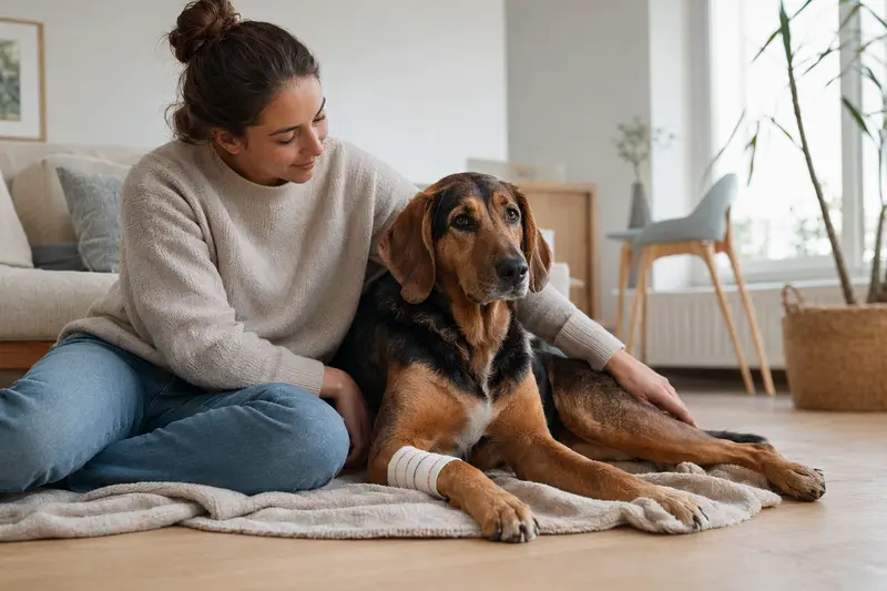 Ein Keltische Bracke Hund mit einem leichten Verband an der Pfote liegt entspannt auf einer Decke, während sein Besitzer erleichtert daneben sitzt.