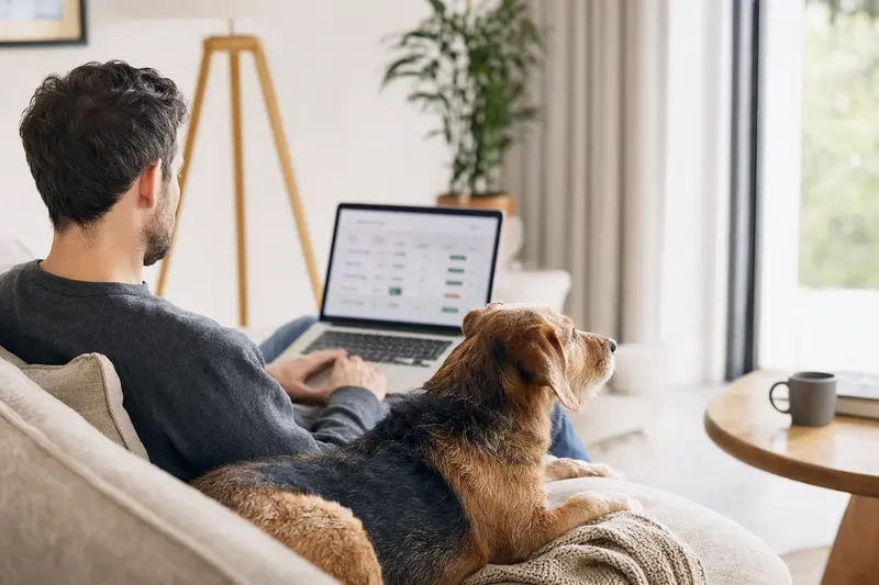 Ein Hund liegt neben seinem Besitzer auf dem Sofa, während dieser am Laptop eine Versicherungsvergleichsseite betrachtet.