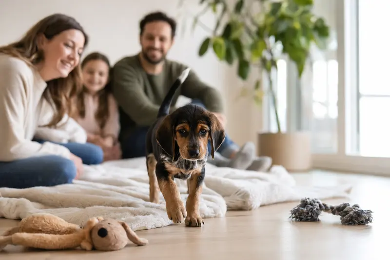 Ein neugieriger Keltische Bracke Welpe erkundet seine helle Wohnung mit weicher Decke und Spielzeug.