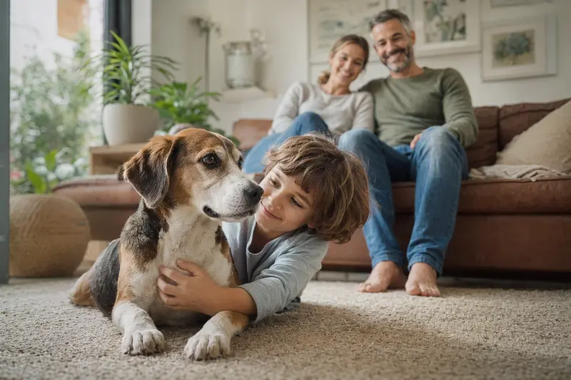 Ein freundlicher Kerry Beagle liegt entspannt neben einem Kind im hellen Wohnzimmer, während die Eltern im Hintergrund eine sichere Familienatmosphäre schaffen.