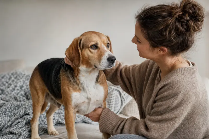 Ein aufmerksamer Kerry Beagle steht in natürlicher Haltung vor hellem Hintergrund, als realistisches Portrait mit typischer Fellstruktur und Körperform der Rasse.