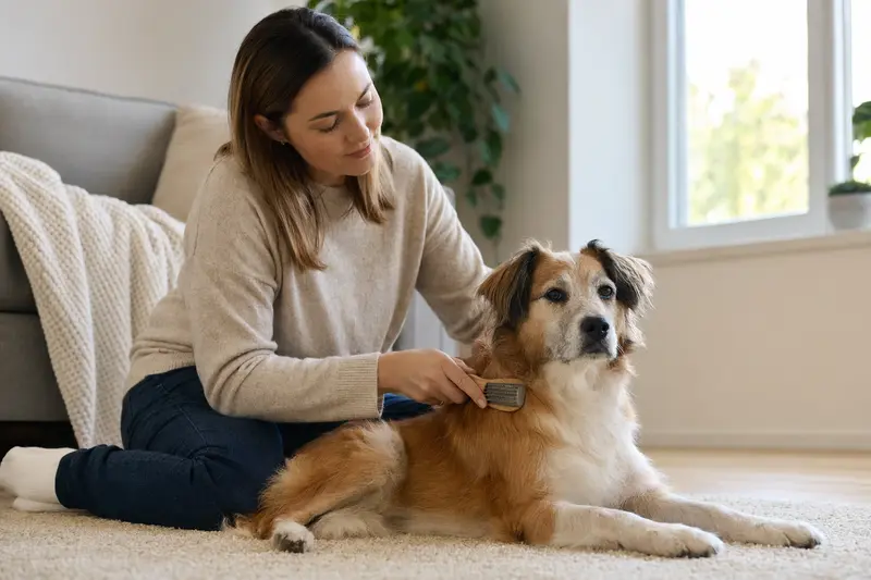 Ein Kerry Beagle wird in einer hellen Wohnung sanft gebürstet, während sich sein Besitzer liebevoll um die Fellpflege kümmert.