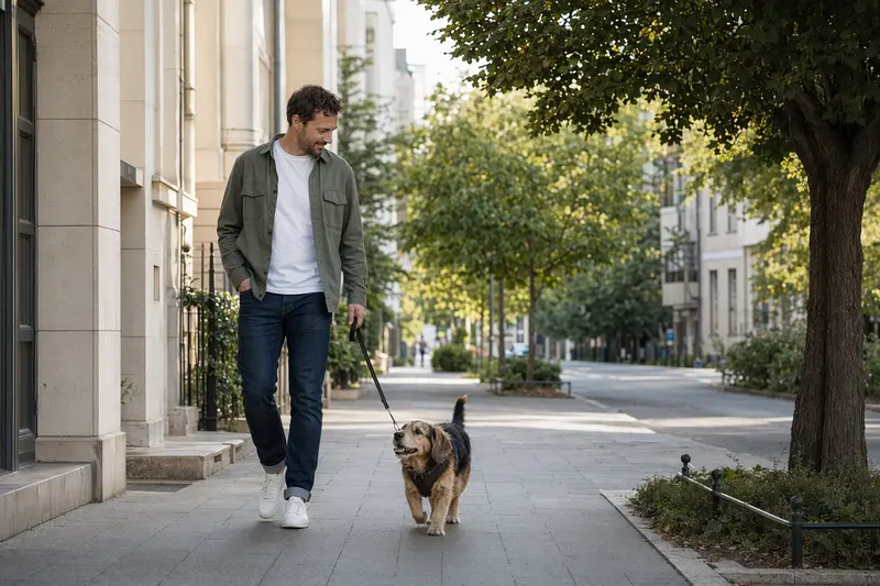 Ein Kerry Beagle läuft an der Leine mit seinem Besitzer durch eine helle, moderne Stadtstraße.