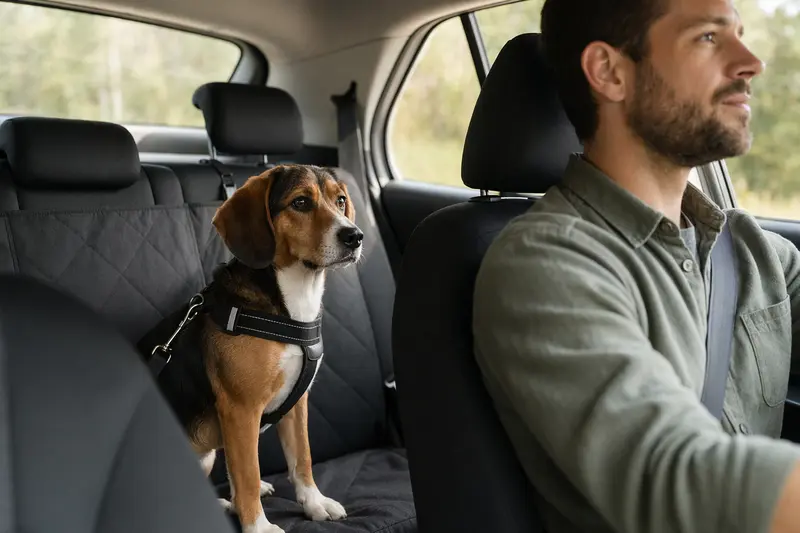 Ein Kerry Beagle Hund sitzt sicher angeschnallt auf der Rückbank eines Autos und genießt die Fahrt.