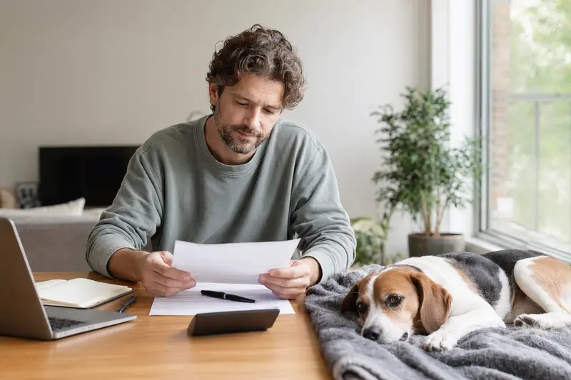 Ein Hundebesitzer sitzt mit einer Tierarztrechnung am Tisch, während ein entspannter Kerry Beagle auf einer Decke neben ihm liegt, als Bild für Tierarztkosten und Hundekrankenversicherung.