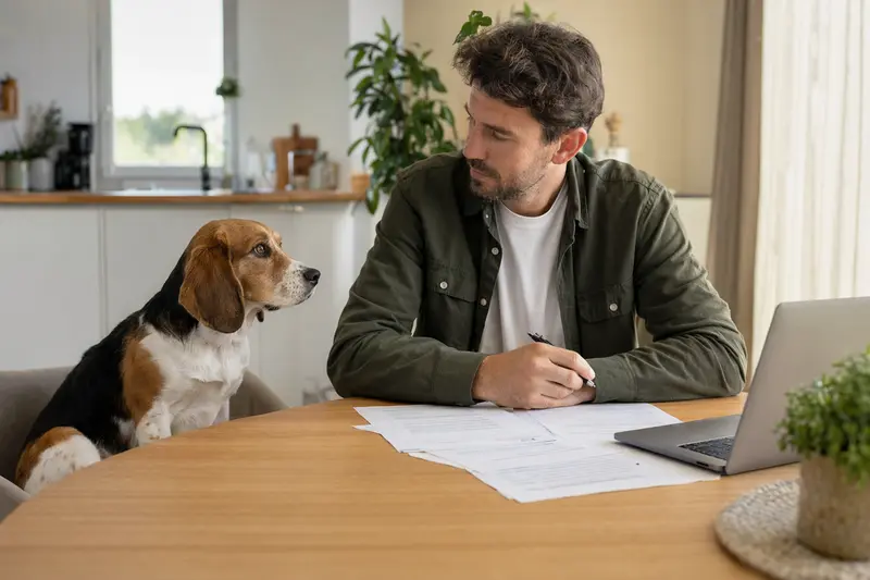 Ein Kerry Beagle Hund sitzt ruhig neben seinem Besitzer am Küchentisch mit Versicherungsunterlagen und Laptop.