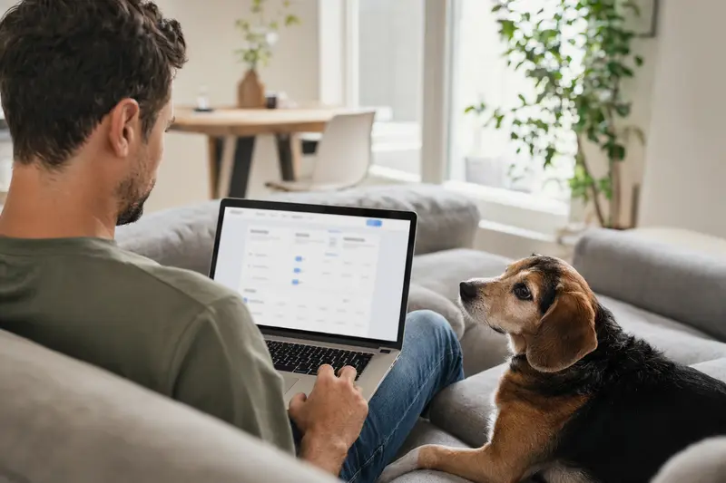 Ein Hundebesitzer sitzt mit einem Laptop auf dem Sofa, während ein Kerry Beagle neben ihm sitzt und eine neutrale Versicherungsvergleichs-Oberfläche auf dem Bildschirm sichtbar ist.
