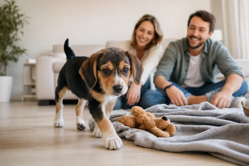 Ein neugieriger Kerry Beagle Welpe entdeckt spielerisch sein neues Zuhause mit einer weichen Decke und Spielzeug.