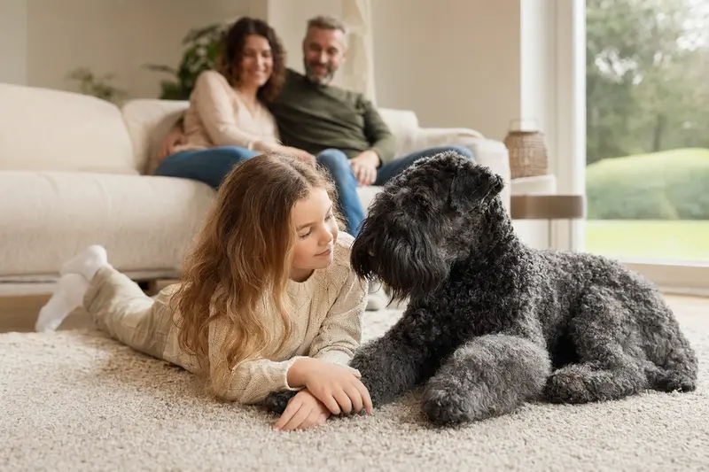 Ein Kerry Blue Terrier liegt entspannt neben einem Kind im Wohnzimmer, während die Eltern im Hintergrund stehen und eine warme Familienatmosphäre entsteht.